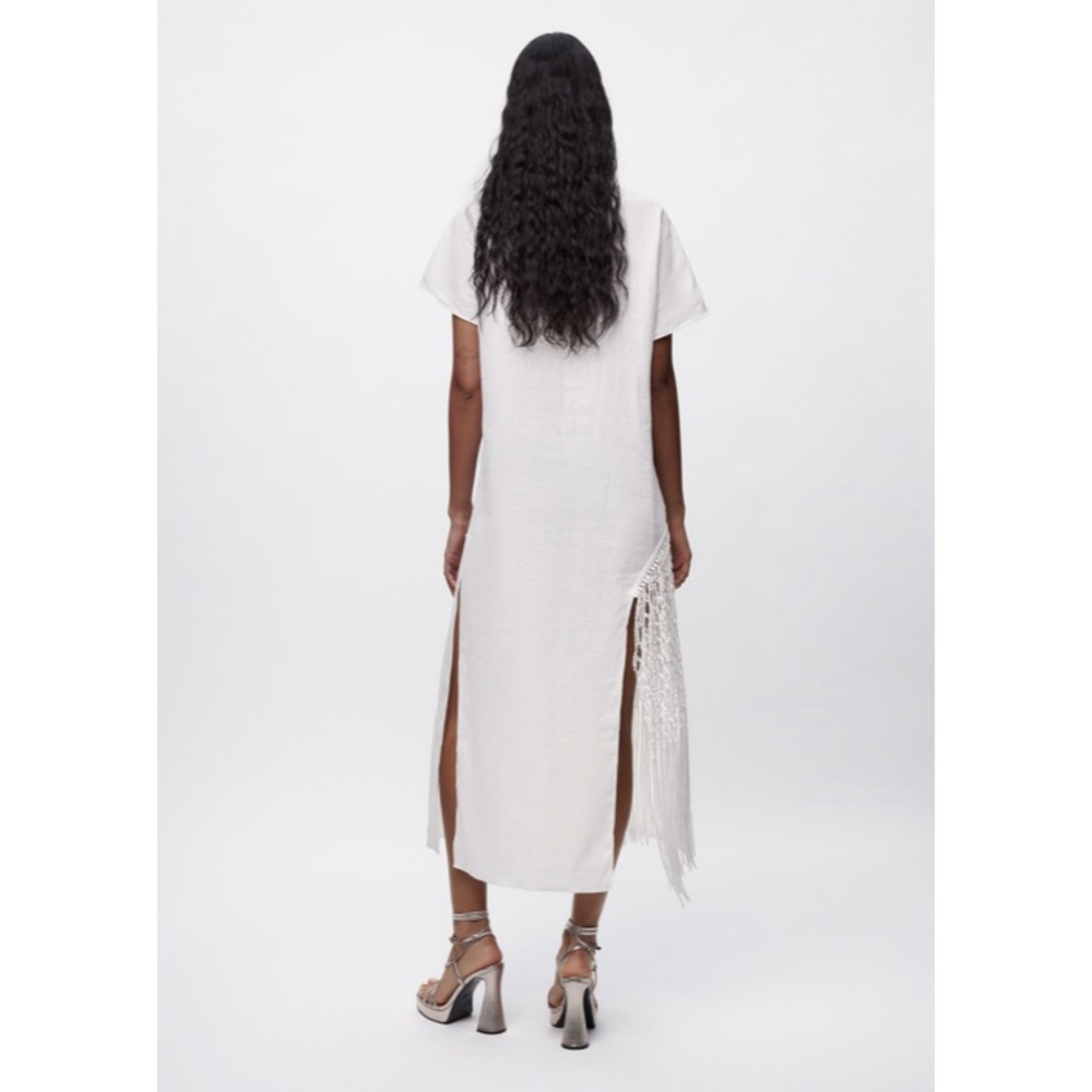 Like New Zara 100% Linen Fringed Macrame White Dr… - image 7